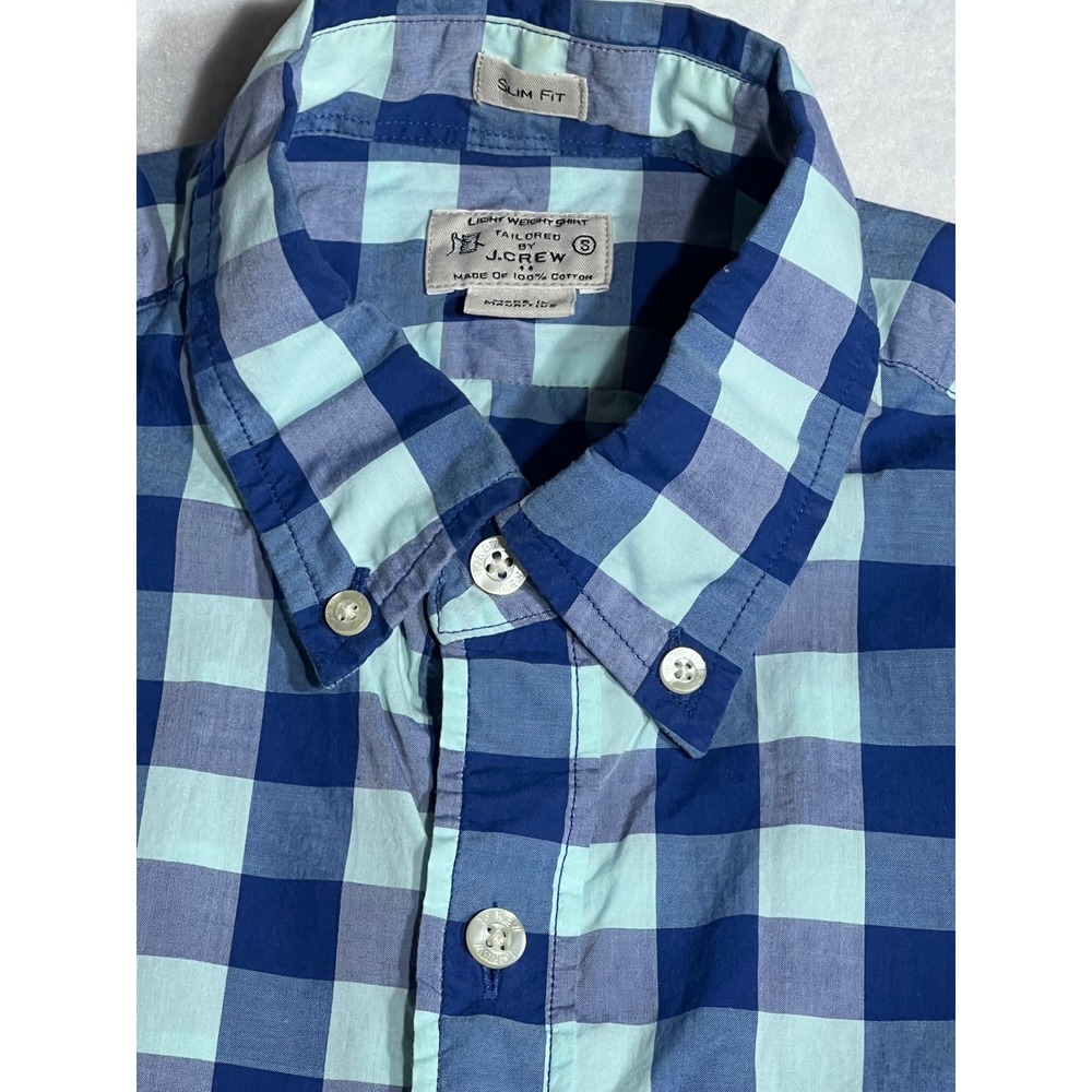 J.Crew Mens Slim Fit Gingham Button Down Shirt Blue Mint Green Cotton Small